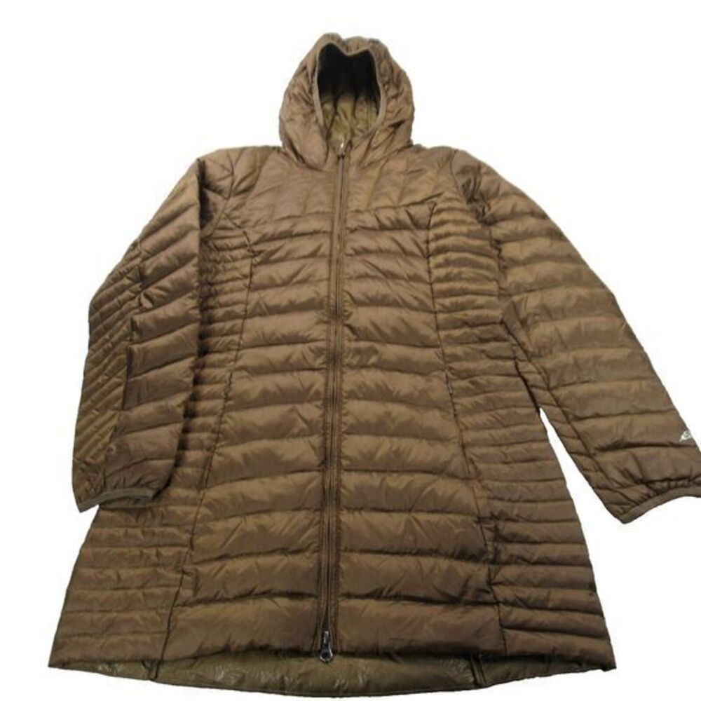 Eddie Bauer‎ Down Jacket Womens Medium Brown Pockets Hooded Full Zip Long Puffer
